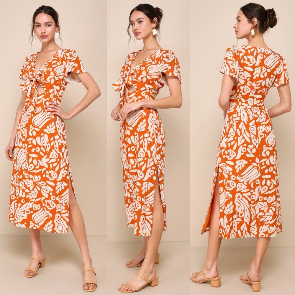 Lulus Rust Orange Abstract Print Tie-Front Midi Dress Womens Medium New NWT